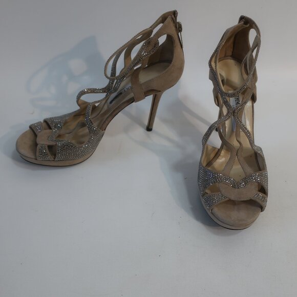 Authentic Jimmy Choo Taupe Bedazzled Suede Ankle Strap Zip Heels 38.5 US/8.5 - Picture 1 of 16